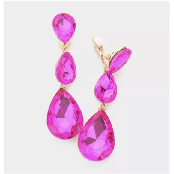 3 inch clip on fuchsia hot pink gold rhinestone crystal teardrop pageant - Picture 6 of 7